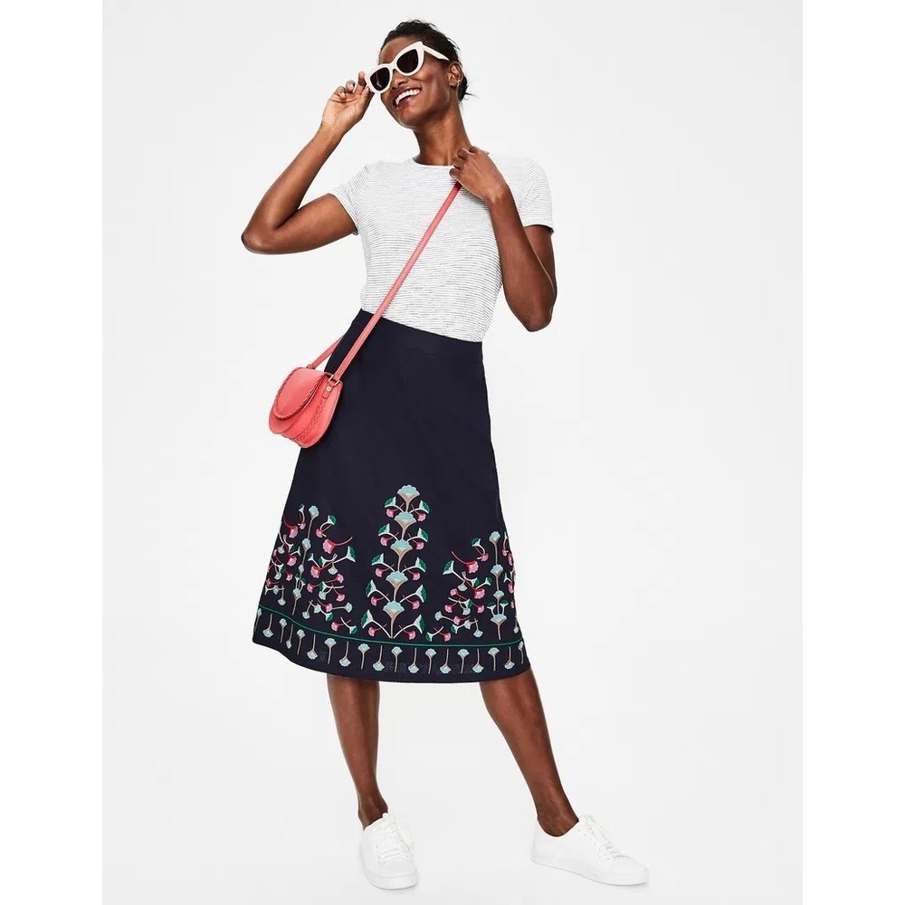 Boden Navy Blue Floral Embroidered Linen Cotton A-Line Skirt Petite 6P Boho
